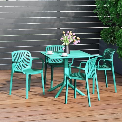 Costaelm Patio Dining Table for 4, Square PP Patio Table, 4-Person Weather Resistant Porch Tables for Outside Poolside Deck Lawn Garden Backyard, Turquoise - Image 2