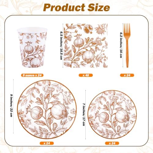 Kochorie 144 Pieces Thanksgiving Vintage Floral Party Supplies, Orange Tableware Sets Including Fall Disposable Pomegranate Paper Plates Napkins Cups Forks Serves 24 for Wedding Fall Party Decorations - Image 2