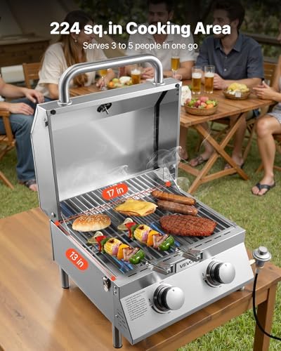 VEVOR Tabletop Gas Grill, 2-Burner Stainless Steel Portable Propane Grill, with Built-in Thermometer, Travel Locks, Weatherproof Lid, 15,000 BTU Total, for Outdoor Cooking, Patio, Party, Camping, RV - Image 3