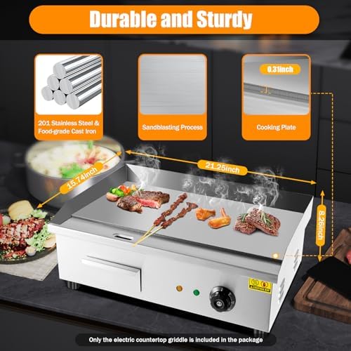 Commercial Electric Griddle, 22", 3000W Countertop Flat Top Griddle, Stainless Steel Teppanyaki Grill, 122-572℉ Adjustable Temp Control - Indoor Outdoor Cooking Plates for Pancake Barbecue - Image 5