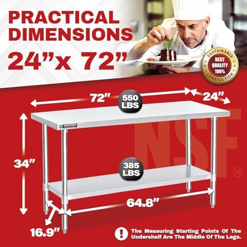 DuraSteel 24x72 Stainless Steel Work Table - NSF Commercial Prep Metal Table - Outdoor Pizza Oven Stand w/Under Shelf - Kitchen Island Laundry Utility Garage Microwave Stand Rolling Storage Cart Vevo - Image 2