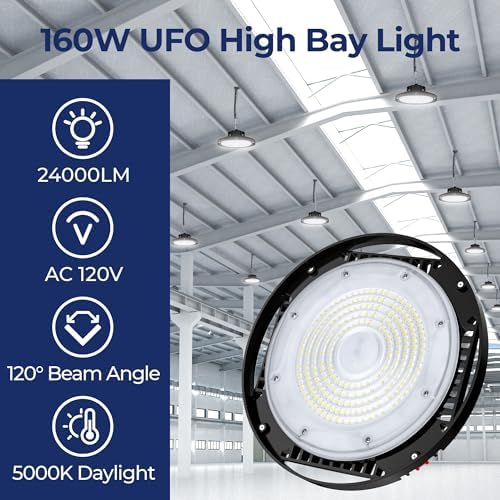 CINOTON 160W UFO LED High Bay Light, Aluminum LED Shop Lights with 24000LM, 5000K Commercial Bay Lighting for Warehouse Garage Workshop Factory Hall, 6' Cable & Safety Rope, ETL Listed 2 Pack - Image 2