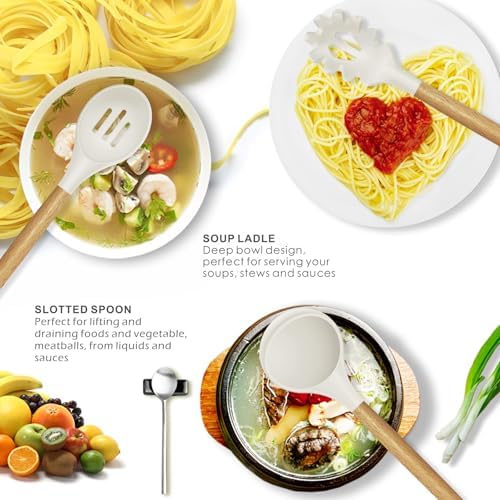 oannao Silicone Cooking Utensils Set - 446°F Heat Resistant Silicone Kitchen Utensils for Cooking,Kitchen Utensil Spatula Set w Wooden Handles for Non-Stick Cookware, BPA FREE (Cream White) - Image 2