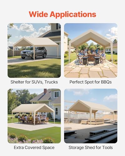 VEVOR Carport Replacement Canopy Cover, 12 x 20 ft Potable Garage Tent Top Tarp, UV-Resistant & Waterproof Car Shelter Tarp, Heavy Duty Car Port Cover with Ball Buggees, Beige, Frame Not Included - Image 6