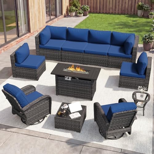 Aoxun 11 Piece Outdoor Patio Furniture Set with 44'' Fire Pit Table, Wicker Rattan Outdoor Furniture with High Back Swivel Rocker Chairs, Outdoor Sofa Set with Thick Cushion & Side Table, Navy Blue by Aoxun