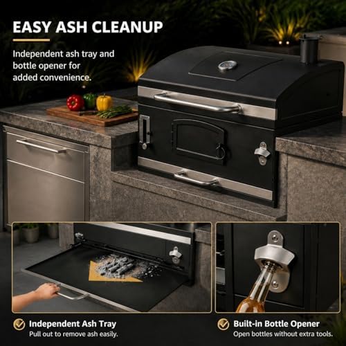 30in Built in Charcoal Grill for Outdoor Kitchen Island, Heavy Duty Large Barbecue Grills with Liftable Tray, Insulated Hood & Temp Gauge Drop-in BBQ Barrel Grill for Family Parties Patio Cooking - Image 5