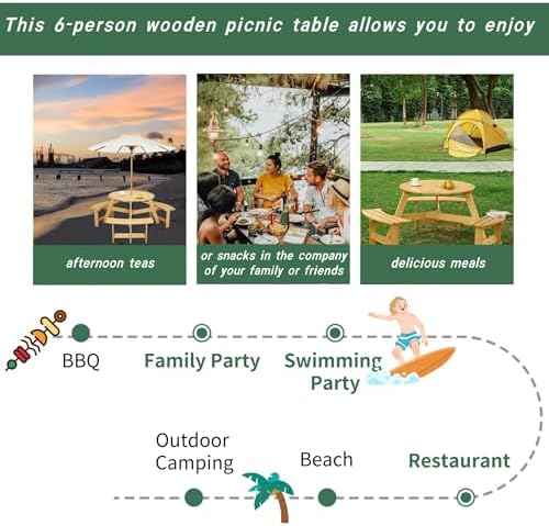 6 Person Wooden Picnic Table, Outdoor Round Picnic Table with 4 Built-in Benches, Umbrella Hole, Outside Table and Bench Set for Patio, Backyard, 500lbs Capacity Per Bench (Nature - 6 person) - Image 4
