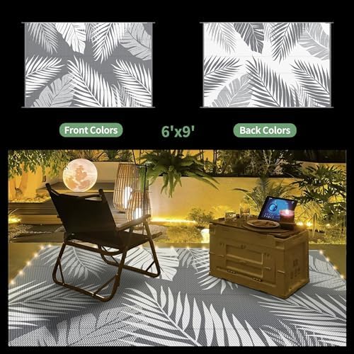 GENIMO Outdoor Rug, Waterproof Plastic Rugs for Patio, 6'x9' Led Grey White - Image 2
