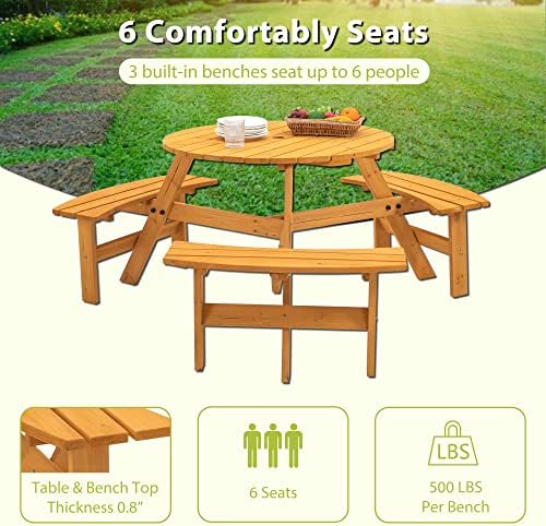 6-Person Circular Outdoor Wooden Picnic Table for Patio, Backyard, Garden, DIY w/ 3 Built-in Benches, 1720lb Capacity - Natural - Image 7