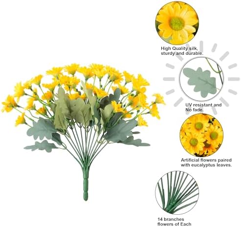 Daisy Artificial Flowers for Outdoors Fall Autumn Decoration, 6 Bundles Fake Mums Yellow Silk Flowers for Outside Look Real UV Resistant Faux Flowers Plants for Planter Front Door Home Indoor Porch - Image 6