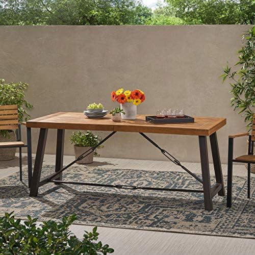 70'' Outdoor Patio Dining Table & 2 Bench for 4, Acacia Wood Farmhouse Dining Table Set Outdoor & Indoor Furniture for Patio Porch Garden, H-Shaped Metal Base, 3-Pcs, Teak - Image 6