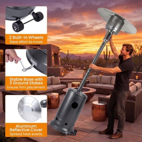 COSTWAY Outdoor Patio Heater, 47476 BTU Propane Heater with Stainless Steel Burner and Wheels, Triple Protection System, Standing Portable Outside Heater for Porch, Deck, Home and Commercial, Grey - Image 2