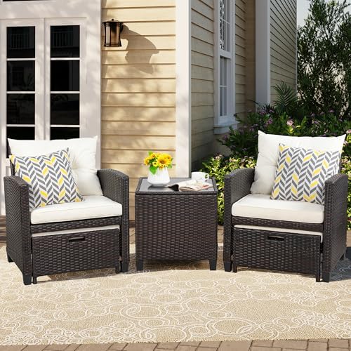 Vongrasig Patio Chair with Ottoman, 5 Pieces Patio Furniture Set Small Balcony Furniture, Rattan Patio Chairs Set of 2 with Glass Table for Front Porch Garden (Beige) - Image 2