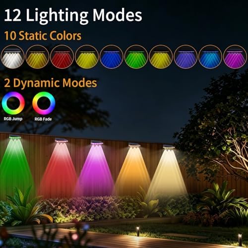 Tenmiro Solar Fence Lights Outdoor 6 Pack, 40 Modes RGB & Cold/Warm White Wall Lights with 5 Lens, IP67 Waterproof Dusk to Dawn Outside Lighs for Backyard, Patio, Yard, Pool, Deck, Railing Decor - Image 2