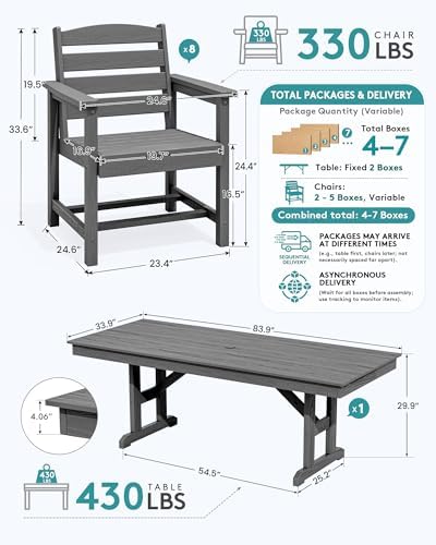 SERWALL 9Pcs 84" HDPE Outdoor Dining Set for 8 with Armchairs,Gray - Image 2