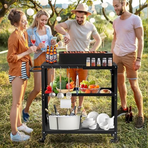 Outdoor Grill Cart Table, Pizza Oven Stand with Casters, Black - Image 7