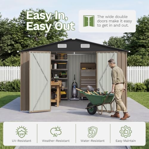 Patiowell 10x10 FT Storage Shed, Outdoor Metal Sheds, Brown - Image 4