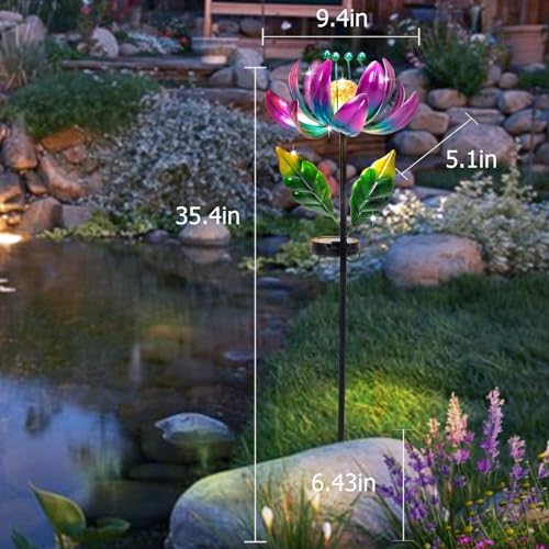 AIINY Solar Purple Metal Flower Wind Spinners, Colorful Spinning Windmill Lotus Yard Art Lights Wind Pinwheels with LED Crystal Ball Decorative Stake Lighting Flower Sculpture - Image 4