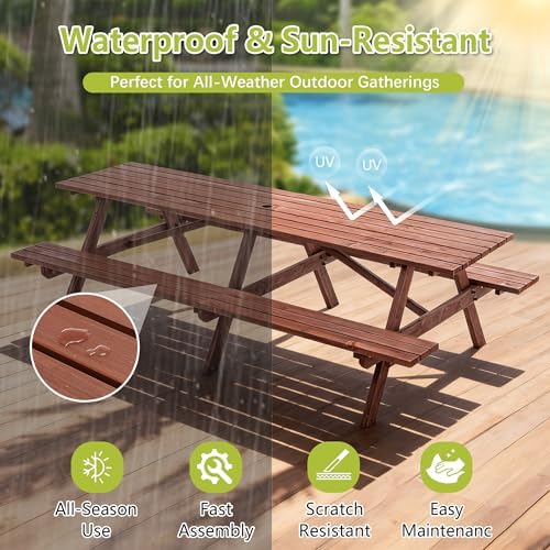 94.5'' Large Outdoor Dining Table, Rectangular Wooden Patio Dining Table & 2 Built-in Bench for 12, 2" Umbrella Hole, Suitable for Backyard Garden Porch, Brown - Image 5