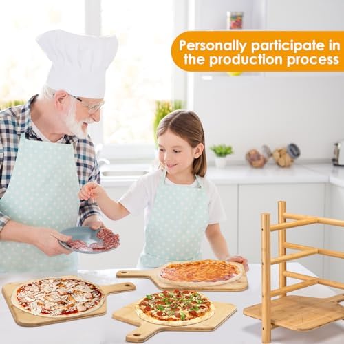 16.9x12" Pizza Peel & Cutting Board Set (7 Pcs), Bamboo Pizza Paddle with Stand, 4 Serving Trays, Includes Stainless Steel Pizza Cutter & Spatula - Image 3