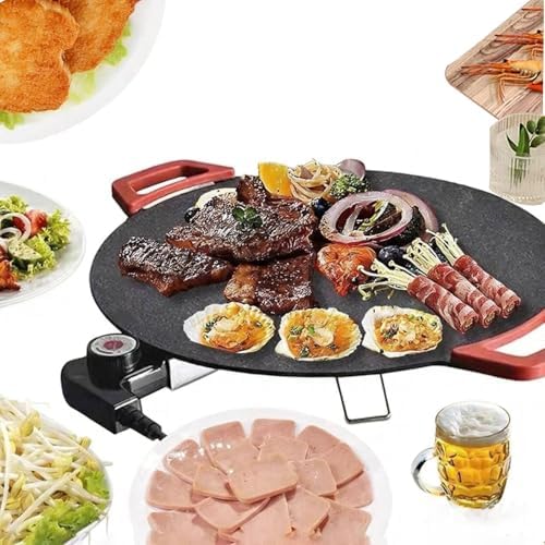 Electric Smokeless Grill, Non-Stick BBQ Griddle with Temperature Control, Round Cooking Surface with Red Handles, Indoor Barbecue Pan for Meat and Seafood (14) by Unknown