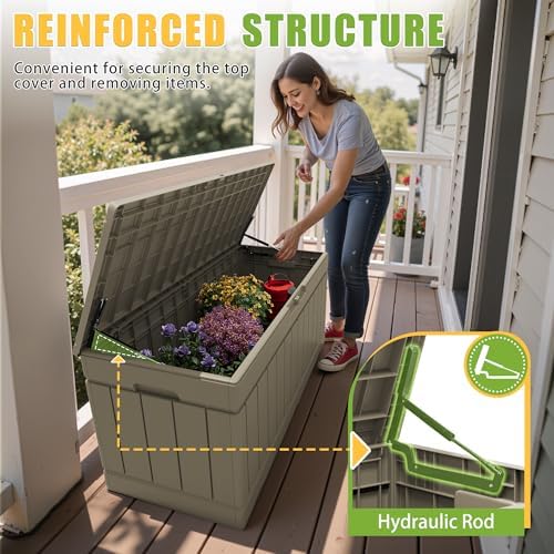 Greesum Outdoor Storage Box 82 Gallon Storage Bin with Lid for Patio Furniture, Garden Tools, Pool Supplies, Waterproof and UV Resistant, Lockable, Coffee - Image 2