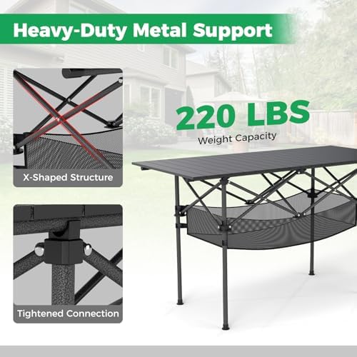 GIANTEX Folding Camping Table, Portable Picnic Table w/Aluminum Roll-up Tabletop & Mesh Basket, Outdoor Lightweight Table w/Carrying Bag for Backyard, Beach, Fishing, BBQ, Patio (47"x22"x27",Black) - Image 5