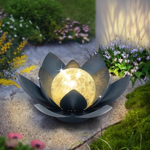 Huaxu Solar Lights Outdoor Garden Decoration Crackle Globe Glass Waterproof LED Metal Blue Lotus Flowers Gift for Mom,Women,Patio,Lawn,Walkway,Tabletop,Ground by Huaxu