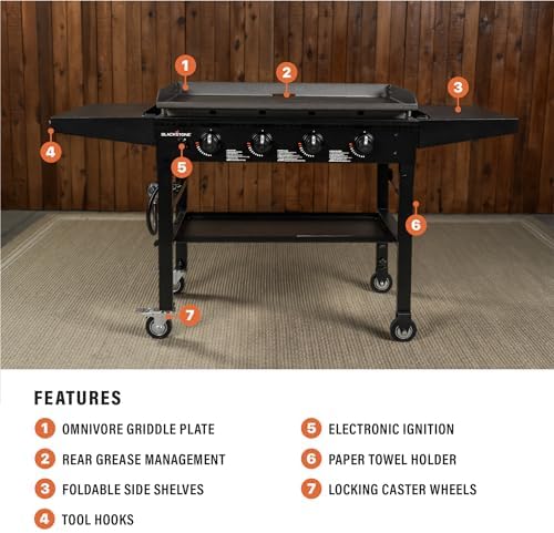 Blackstone 36 Inch 4 Burner 60,000 BTU Portable Steel Griddle Cooking Station with Foldable Legs, Grease Pan, and Storage Rack, Black - Image 2