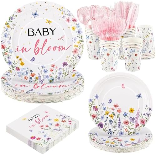 Kochorie 175 Pieces Wildflower Spring Floral Party Supplies Baby in Bloom Tableware Set 7 Inch & 9 Inch Paper Plates Napkins Cups Cutlery for Spring Picnic Baby Shower Decoration, Serve 25 Guests by Kochorie