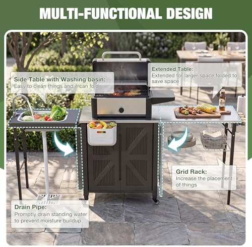 3-in-1 Outdoor Grill Cart with Sink & Faucet, Stainless Steel Top Outdoor Kitchen Island, Prep Table with Foldable Side Table, Storage Cabinet, Rolling Grill Station with Wheels for Patio, Backyard - Image 5