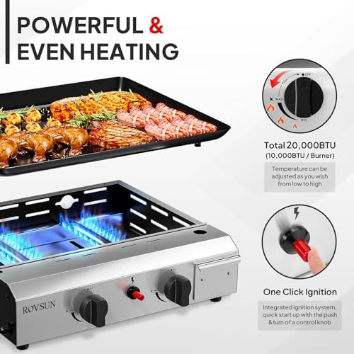ROVSUN 2 Burner Portable Propane Griddle with Electronic Ignition & Regulator, 20,000 BTU Tabletop Flat Top Gas Grill with Nonstick Enameled Tray for Outdoor Cooking Camping BBQ Tailgating Picnicking - Image 2