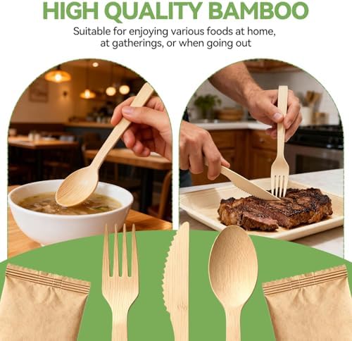 Bamboo Cutlery Set - Wooden Utensils for Eating - Disposable Wooden Cutlery set of 15 (5 Forks 5 Spoons 5 Knives) Bamboo Disposable Utensils - ECO Friendly Compostable Utensil for Party - Image 5