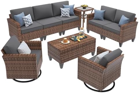 UDPATIO Patio Furniture Set, 6 Pieces Outdoor Conversation Sets with Rocking Swivel Chairs, Wicker Rattan Outdoor Sofa Set with Storage Table and Waterproof Covers for Backyard, Deck, Porch, Grey - Image 2