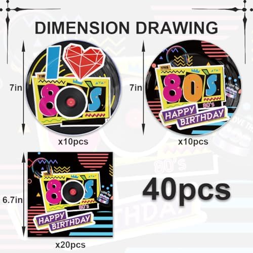 40Pcs 80s Birthday Party Decorations Plates 80s Themed Tableware Include Paper Plates Napkins for 20 Guests Baby Shower Birthday Party Decorations - Image 2