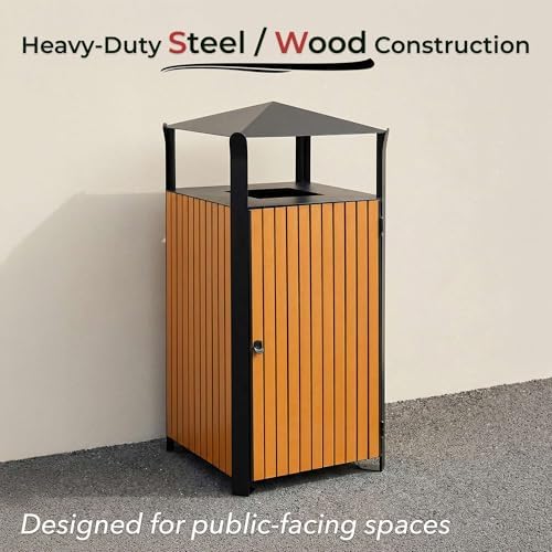 48.6 Gallon Square Outdoor Trash Can - Decorative Steel and Wood Composite Commercial Waste Receptacle with Hooded Covered Top, Galvanized Steel Liner, and Locking Side Access Door for Parks, Schools - Image 3