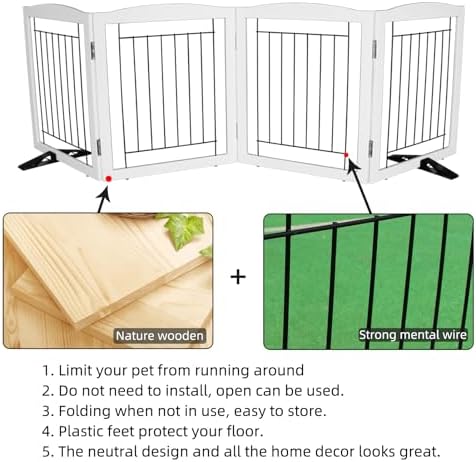 ZJSF Freestanding Dog Fence Indoor, Foldable Dog Gate for Doorways, Stairs or Hallways, Sturdy Wood Extra Wide Pet Gate with Support Feet for The House, White, 24 "Height-4 Panels - Image 6