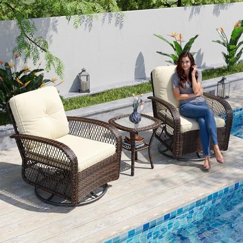 Aoxun 3 Pieces Patio Furniture Set, Patio Swivel Rocker Chairs Set of 2, Wicker Outdoor Bistro Set with Rocking Chair, Thickened Cushions and Table for Porch (Beige) - Image 2