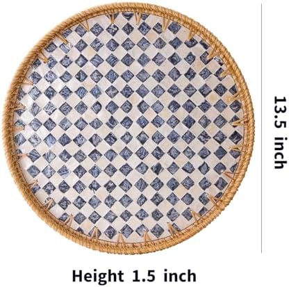 Round Rattan Tray with Mother of Pearl Inlay, Rattan Serving Tray with Wooden Base, Decorative Wicker Basket for Table Decor, Storage and Display of Coffee Bread Food Fruit (Checkerboard 13.5") - Image 7