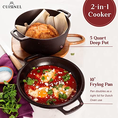Cuisinel Cast Iron Dutch Oven - 5-Quart Deep Pot - Preseasoned 2-in-1 Multi-Cooker - Combo Lid Doubles as 10"-inch Skillet Frying Pan + Silicone Handle Covers + Scraper - Indoor/Outdoor Bread Cookware - Image 2
