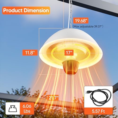 Danluke Outdoor Electric Patio Heater, 1500W Infrared Hanging Heater, Ceiling Mounted Carbon Fiber Heater for Patio, Porch, Garage and Balcony, White - Image 3