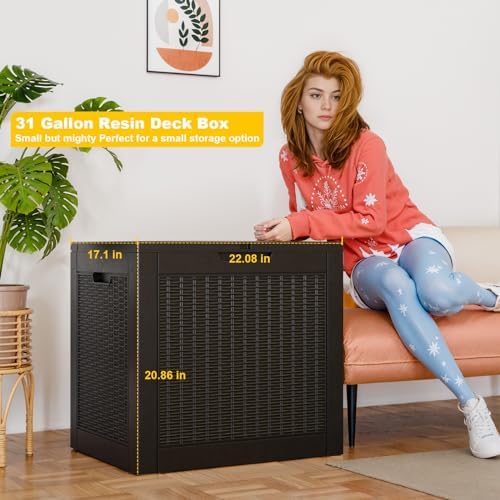 PatioZen 31 Gallon Wicker Pattern Resin Deck Box, Lockable Patio Outdoor Storage Box for Furniture, Garden Tools and Tools Storage, Waterproof Outside Storage Box (Black) - Image 3
