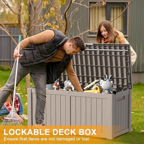 DRATO 150 Gallon Deck Boxes Outdoor Waterproof, Lockable Outdoor Storage Box for Patio Furniture Pool Supplies Garden Tools, Weatherproof Resin Storage Box for Backyard (Grey, 150 Gallon) - Image 2