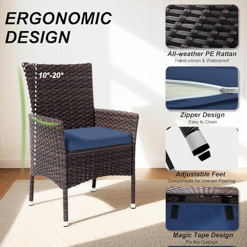 Gotland 5 Piece Outdoor Dining Set, All-Weather Rattan Patio Furniture Set with Umbrella Hole Tempered Glass Square Table, Outdoor Table and Chairs with Removable Cushions for Backyard, Deck, Navy - Image 4