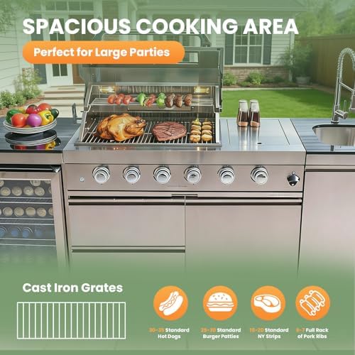 98" Rolling Outdoor Kitchen Island with Built-In 4 Burner 72,000 BTU Stainless Steel Gas Grill Featuring Rotisserie Oven,Granite Countertops,Beverage Fridge,Sink. (Silver + Fridge + Sink, Natural Gas) - Image 3