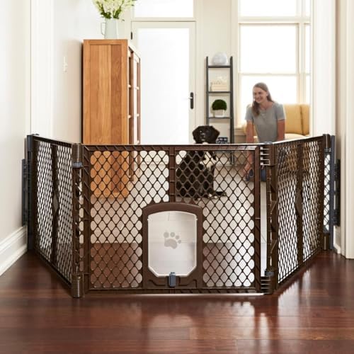 MyPet Extra Wide Dog Gate with Small Pet Door. 38.5” to 103.5" Wide. Cat Gate for Doorway. Made in USA. 26" Tall, Brown by NorthStatesMyPet