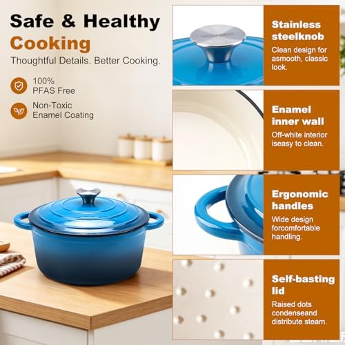 Enameled Cast Iron Round Dutch Oven -4QT Pot With Lid,Blue - Image 6