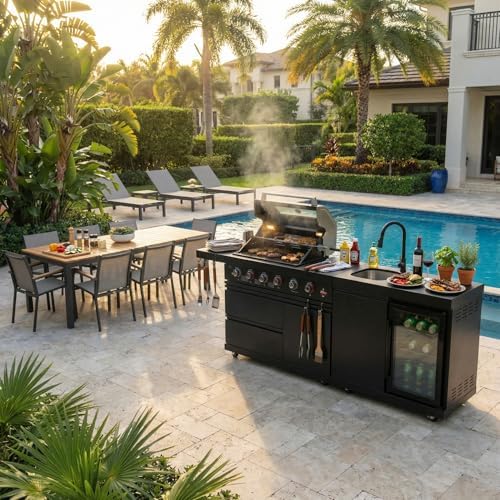 5-Burner Stainless Steel Grill with Rotisserie Oven,Mini Wine Fridge,Side Burner,Sink.Included Natural Gas converter.Black - Image 5