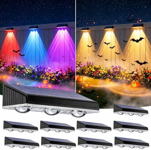Solar Fence Lights Outdoor 10 Pack, Upgraded Brightness 3X LED Lens Fence Lights Solar Powered, 9 Fixed Colors & RGB Lights, IP65 Waterproof Solar Lights for Outside Backyard/Railing/Step/Patio by BONLION