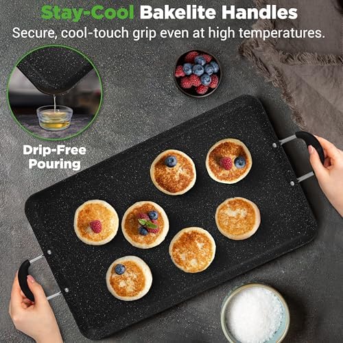 Nutrichef Double Burner Griddle, Non-Stick Stove Top Griddle for Gas Stove, Dishwasher Safe, Heatproof Bakelite Handles, Even Heat Distribution, PFOA & PFOS Free, 20” x 12” x 0.8” Inch (Black) - Image 4